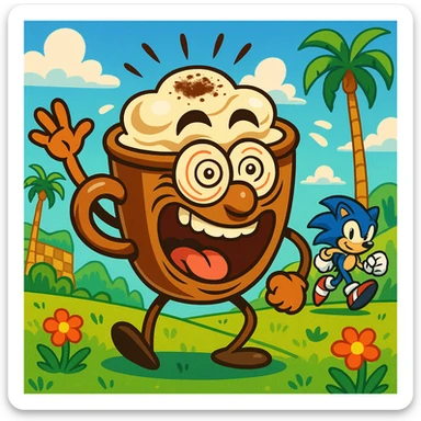 An Italian cappuchina character with a brainrot expression, Sonic the Hedgehog in the distance, lively and humorous scene, vibrant and fun. sticker