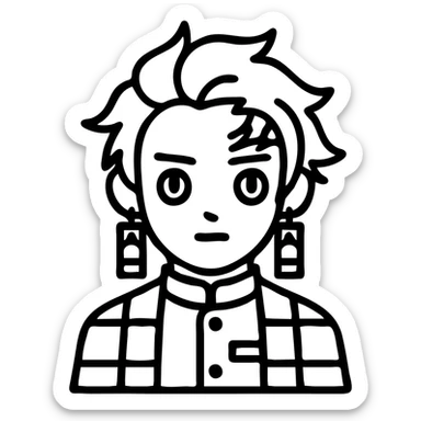 Tanjiro Kamado from Demon Slayer, outlined icon style, simple lines, green and black checkered haori, hanafuda earrings sticker