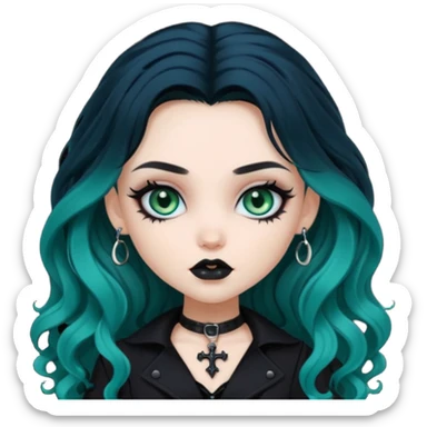 goth bratz baddie, beautiful blue-green eyes, long wavy hair, black gothic hair styled, black goth clothes sticker