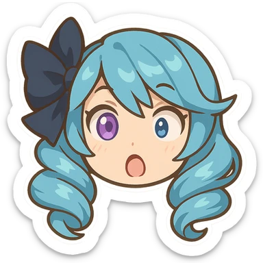 chibi emote of Gwen from League of Legends, only the head, right eye purple, borderless, surprised expression sticker