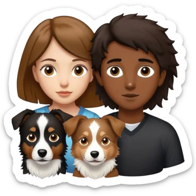 Chica morocha pelo castaño claro ojos marrones, chico con pelo corto negro y border collie marrón claro y blanco sticker