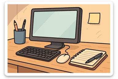 a setup with a computer, a mouse, a pen, and a notebook, modern workspace, clean and organized, minimalistic style sticker