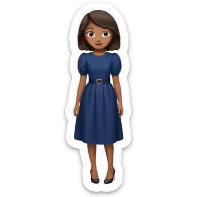 Menina pele parda, sorridente com dente cabelo  castanho escuro  liso médio curto, roupa modesta, vestido azul marinho longo manga bufante pequeno,  salto preto mão na cintura  sticker