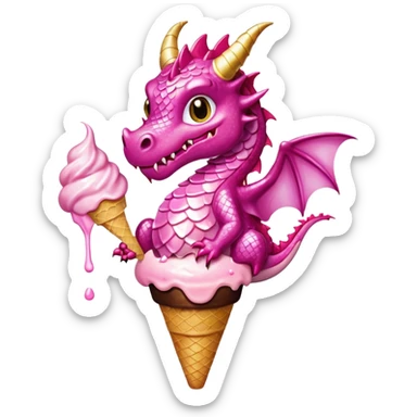 A dragon in pink tones with its wings, pink and golden legs, and shiny glitter, eats a vanilla and chocolate ice cream. sticker
