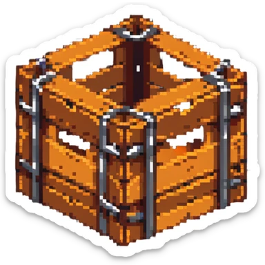 wooden crate with metal bands, orange brown color scheme, breakable box, 32x32 game asset sticker