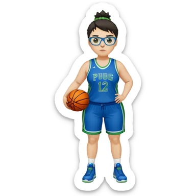 full body white plus size women basketball player pug nose with short spiky dark hair with added blond highlights wearing blue glasses wearing blue and green uniform sticker
