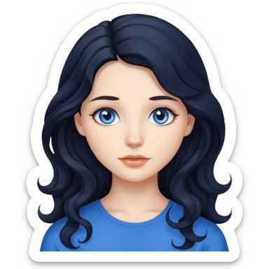 a girl with blue eyes, long black wavy hair, subtle clean makeup sticker