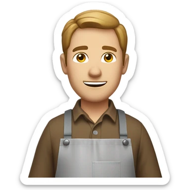 "A sturdy man with rough hands, short light brown hair, and a friendly, naive expression. He wears a work apron over simple clothes and holds a hammer or wood in a rustic workshop." sticker
