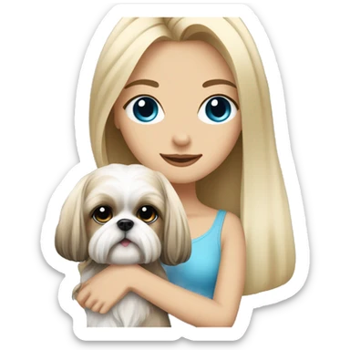 White blond girl with long hair and blue eyes holdin a small female shih tzu dog sticker