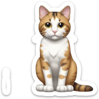 Purradise Meowscles is a buff calico cat  he has a mullet, a floral designed t shirt that is unbuttoned and blue and white stripped shorts sticker