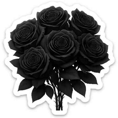Create a bouquet of black roses with detailed petals in a gothic aesthetic, with no background. The bouquet should emphasize the intricate details of the petals and maintain a dark, gothic vibe. sticker