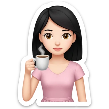 Una mujer con pelo liso negro vestida de rosa claro con una taza de café  sticker