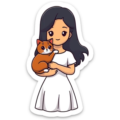 beautiful girl with long black hair wearing a white dress holding an Abyssinian cat with reddish-brown fur in her arms sticker