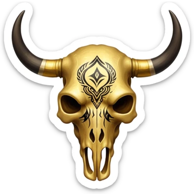 A golden bull skull with black tribal markings painted on it  sticker