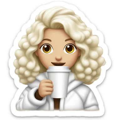 blonde girl wearing white fluffy jacket and a coffee to go in hand all dress white and a white bow on hair sticker