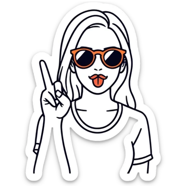 woman with sunglasses making peace sign and between her fingers to be her tongue  sticker