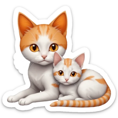 full body of very small + skinny ginger and white kitten with deep orange eyes and triangular shaped face lying down cuddling a grey and white kitten who is a bit bigger than him sticker