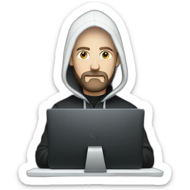 bald white man with a black beard typing on apple computer wearing a black hoodie sticker