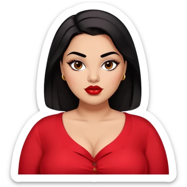 Glamorous full-figured young woman with defined features, brown skin, expressive dark eyes, thick eyebrows, full lips with red lipstick, sleek black hair, slightly plump, wearing a red blouse sticker