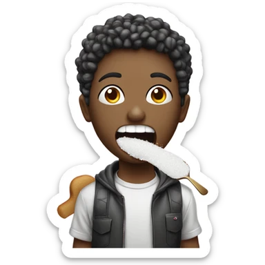 person eating sugar and has a spoon full of sugar  with sugar all over their mouth and they’re also holding a lighter sticker