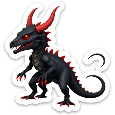 Shiny Dark Edgy  Salandit-Inteleon-Amaura-Fakémon-hybrid-creature (full body) with a horned animal-skull-mask sticker