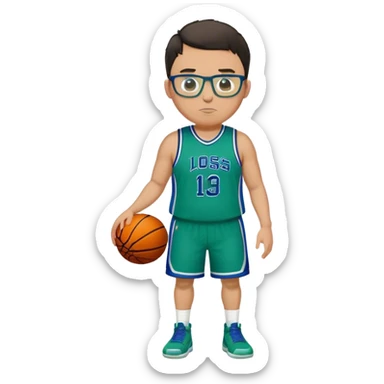 Full Body plus size tall white male with dark short hair basketball player wearing glasses wearing blue  with green uniform sticker