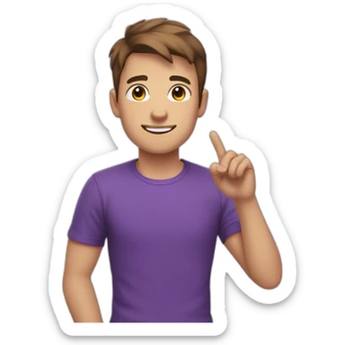 young man greeting with his hand, brown short hair, purple t-shirt, white skin, head large sticker