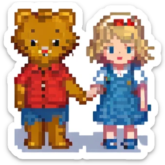 Daniel Tiger and Taylor Swift together, holding hands, pixel art style, simple and charming, cute and minimalistic sticker