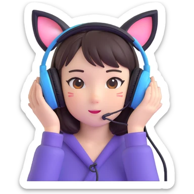 Adorable Japanese girl with kawaii cat ear gaming headphones sticker