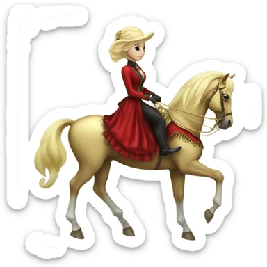 "galora green blonde alien woman" in red Victorian elegant dress, full body, rides "horse gold and white"
 sticker