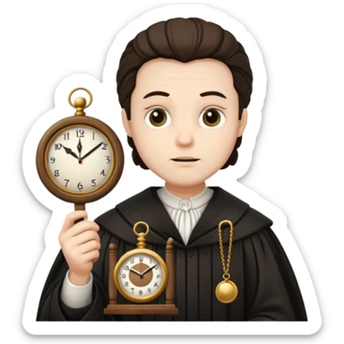a 1600s judge with a hurried expression holding a clock that is UNFAIR sticker