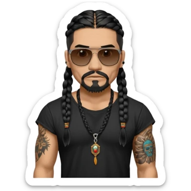 Native American/Spanish male.facial Hair on chin.
Untucked loose fitting black t-shirt. 
long black braided hair.
muscular.
Even More tattoos. 
Tough and menacing.
Dark black square sunglasses. sticker