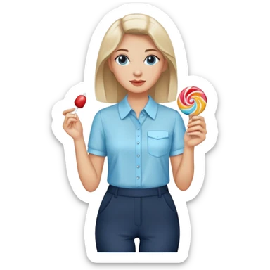 female smart light blue blouse, dark trousers, shoes. one hand holding a lolly sticker