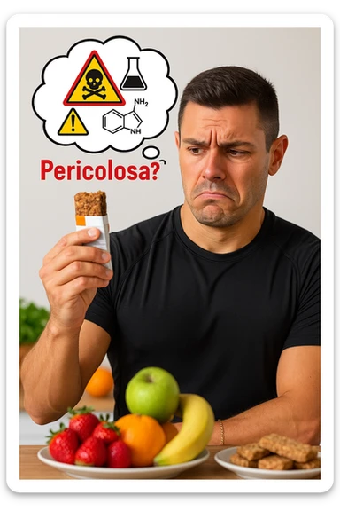 un uomo in abbigliamento sportivo tiene in mano una barretta proteica, osservandola con un’espressione scettica e preoccupata. Sopra la barretta, una nuvoletta di pensiero mostra simboli di allarme, ingredienti chimici e la scritta “Pericolosa?” in rosso. Sullo sfondo, frutta fresca e altri snack naturali sono visibili sul tavolo, sottolineando la sua preferenza per alternative più sane. sticker