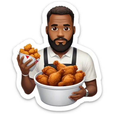 a black man with cool beard, like le bron james the basketballer with a bucket with fried chicken from KFC sticker