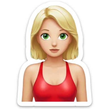 Blonde Woman, Green eyes,Red onepiece, Background Indoor pool sticker