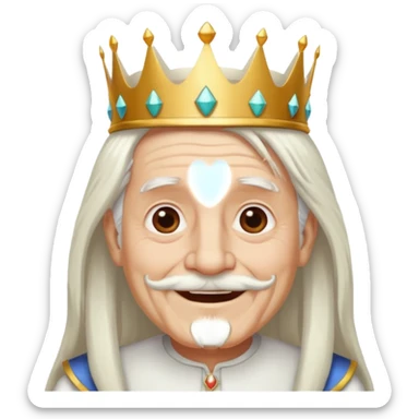 a smiling old man with long white hair and has no beard wearing a white smart shirt and a crown sticker