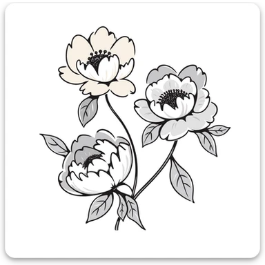 peony flowers with lush petals and leaves in pastel colors dd9fb0 ffc6d3 a3bfc9 c4bee2 f1b091, hand-drawn doodle style sticker