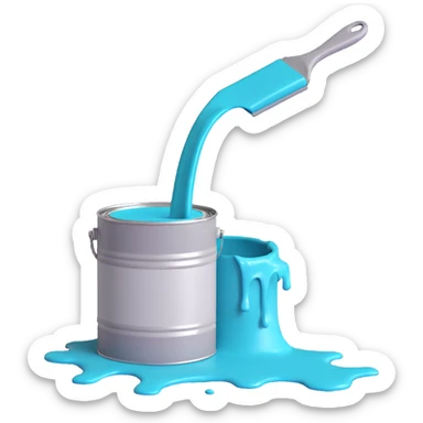 gray paint can with teal paint inside, some teal paint spilling over sticker