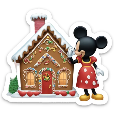 mickey mouse and minnie mouse in front of a beautiful gingerbread house  sticker