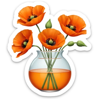 three big realistic orange poppy flowers in a clear vase with clear water sticker
