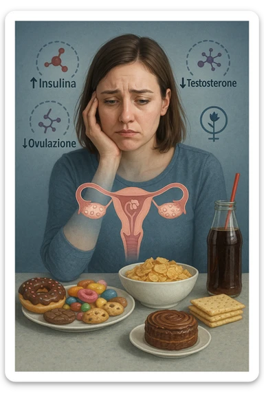 Donna tra i 25 e i 35 anni con espressione affaticata e delusa, seduta a tavola. Davanti a lei cibi ad alto indice glicemico: dolci industriali, cereali raffinati, bibite zuccherate. In trasparenza sopra il suo corpo si vedono ovaie con cisti multiple (PCOS) e un simbolo stilizzato di fertilità (utero con fiore appassito o cerchio spezzato). Attorno a lei fluttuano molecole simboliche come '↑ Insulina', '↑ Testosterone', '↓ Ovulazione'. Atmosfera triste ma educativa. Colori freddi con accenti in rosso e viola. Stile realistico con elementi visivi simbolici chiari in italiano sticker