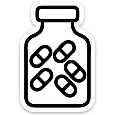 In the same minimal black and white outline style, add simple vitamin capsules inside the glass or bottle, keeping the design clean and modern, with no background. sticker