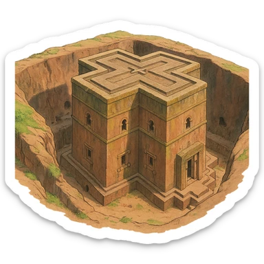 Create the rock hewn Church of Saint George in Lalibela, Ethiopia into a Ghibli style. Make it HD and precise. sticker
