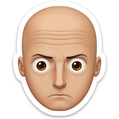Steven Miller, bald, scowling expression, narrow rectangular head, bottom lip sticking out, eyelids almost closed and lower on the outside, very dark circles around eyes sticker