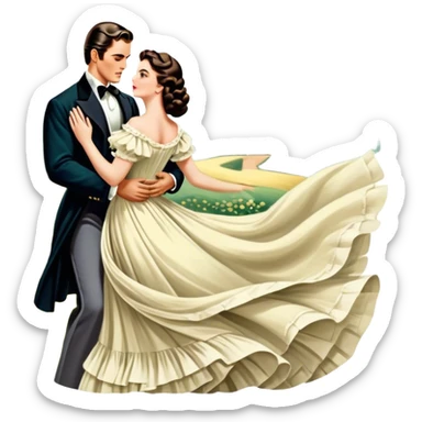 Icon for Romance Movie: A vintage movie poster-style design inspired by Gone with the Wind. Include romantic, sweeping imagery like Scarlett O'Hara in a flowing dress, Rhett Butler, a plantation backdrop, and fluttering wind-blown fabric. Soft, nostalgic cinematic feel. Transparent background. sticker