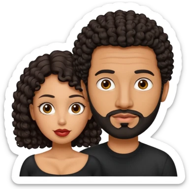 A picture of a tanned couple. the man is a Mexican man with tanned skin, black hair, a bald hair cut, short beard and wearing a black shirt. the woman is mixed, with curly medium length hair, with big boobs and lips  sticker