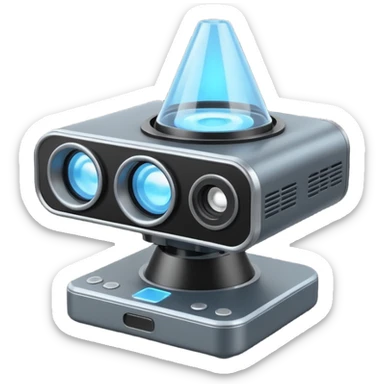 Flat emoji of a wrist-mounted hologram projector emitting a soft blue light cone, simple shapes, modern sci-fi style sticker