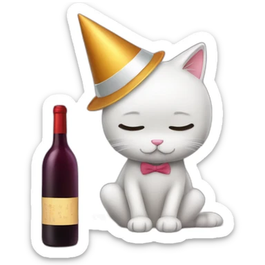 depressed tired kitty drinking wine and party hat on sticker