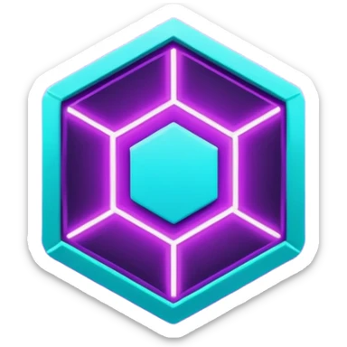 futuristic minimalistic glowing hexagon icon, neon purple and cyan glow, dark background, tech modern symbol, 1:1 aspect ratio, no face sticker